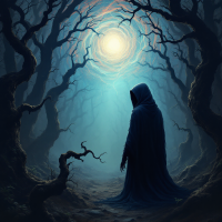 A cloaked figure stands in a dark, twisted forest, surrounded by gnarled trees. A mysterious light pierces through the canopy, embodying the unseen threats of the unknown.