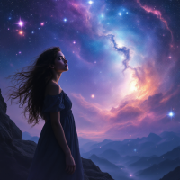 A woman gazes upward into a vibrant cosmic scene filled with stars and swirling colors, embodying the idea of believing in luck amidst the vastness of the universe.