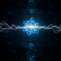 Glowing complex geometric shape emitting light in a dark, digital grid environment with waves of energy radiating outward.