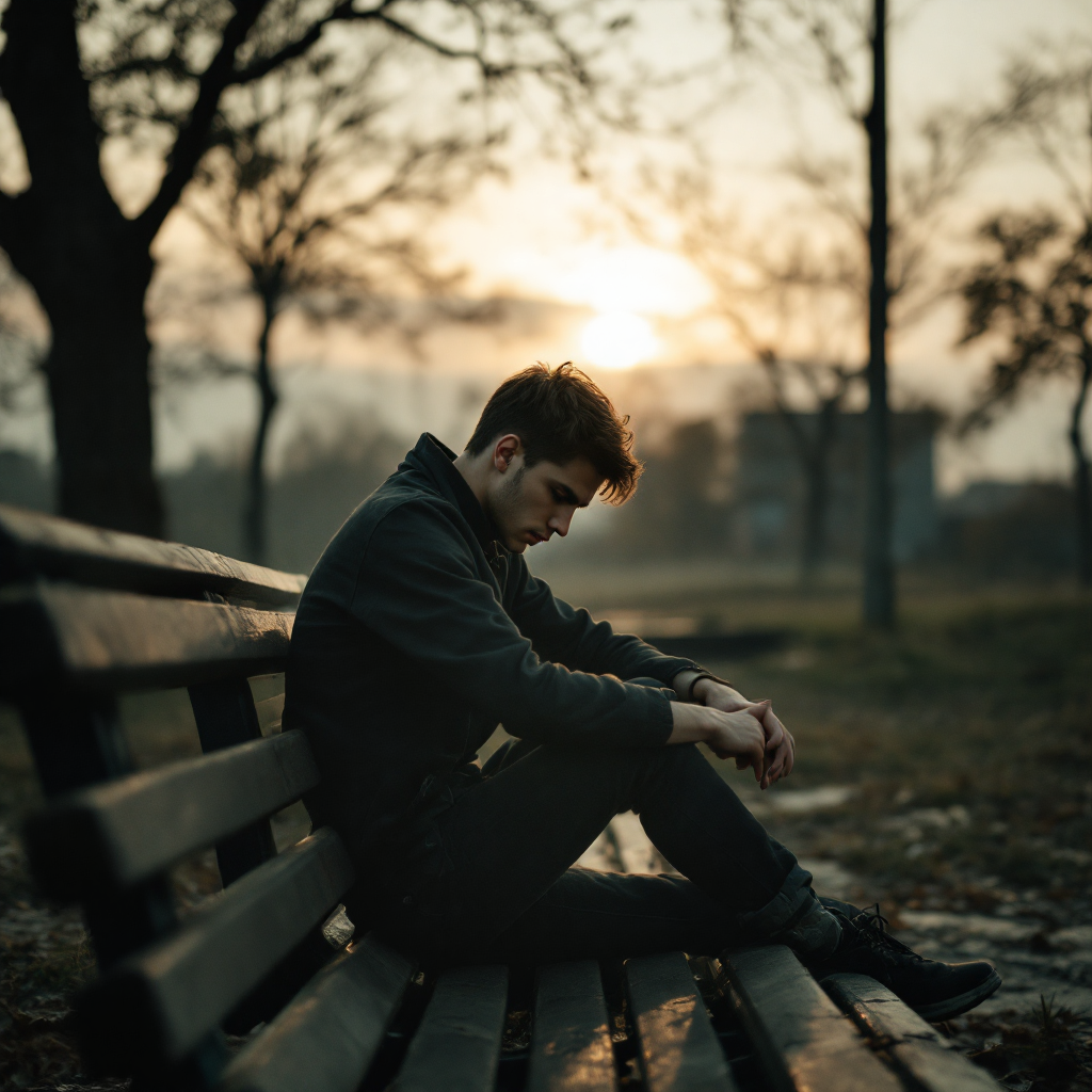 A young man sits pensively on a park bench at sunset, lost in thought, embodying the sadness of the quote about the emptiness of a hundred times zero.