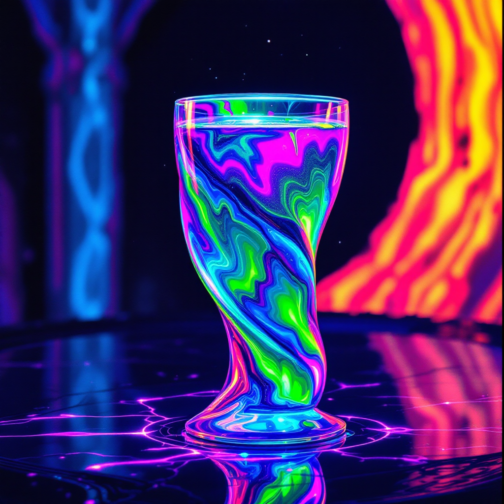 A vibrant, swirling glass filled with a colorful drink, illuminated by neon lights, evokes the wild essence of the Pan Galactic Gargle Blaster, known for its mind-blowing effects.