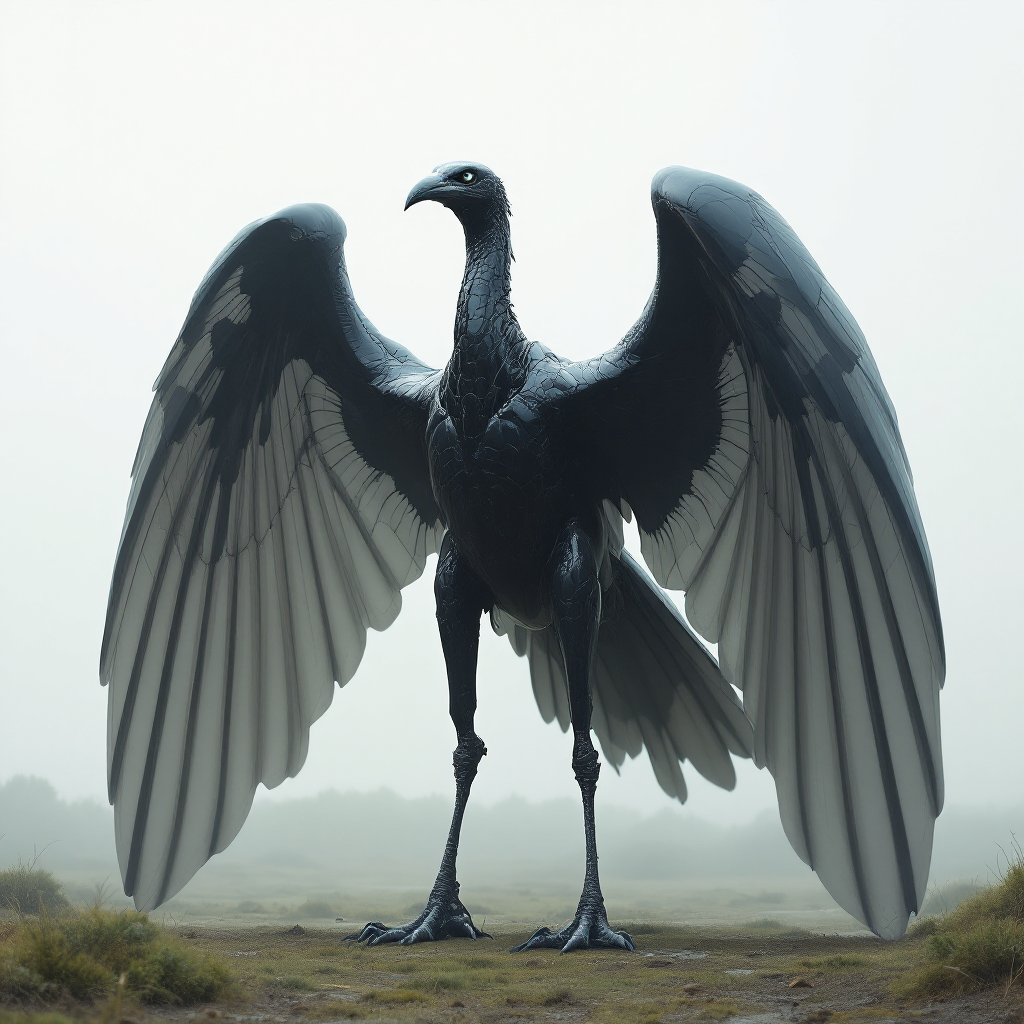 A large, featherless bird stands in a misty landscape, featuring sleek, hawk-like wings, a bulging head, forward-facing porcelain-white eyes, and strong jaw muscles for steering.