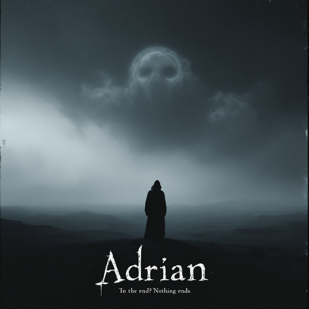 A solitary figure stands against a dark, cloudy sky, where a ghostly face emerges among the clouds. Text below reads: Adrian. In the end? Nothing ends.