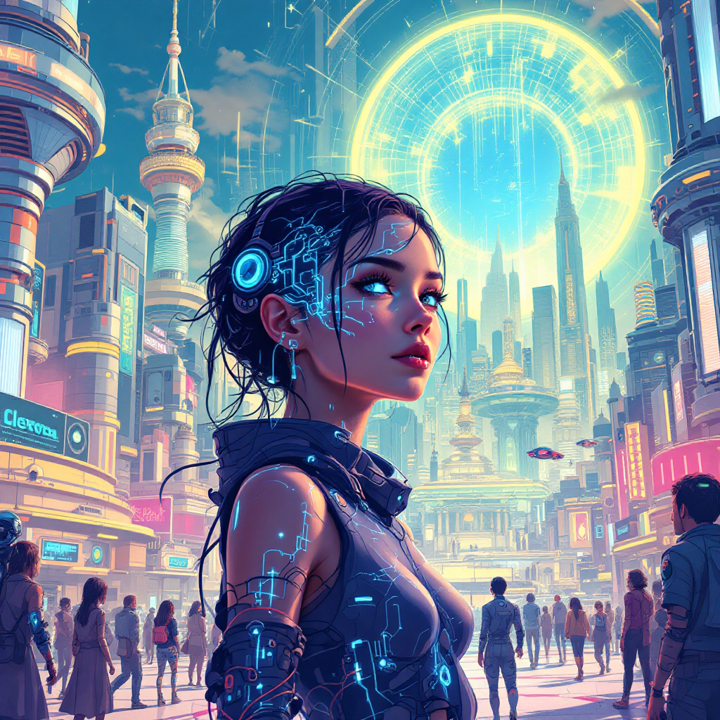 A futuristic cityscape with a diverse crowd. A young woman with digital circuitry on her body gazes confidently into the distance, embodying the redefined essence of humanity.