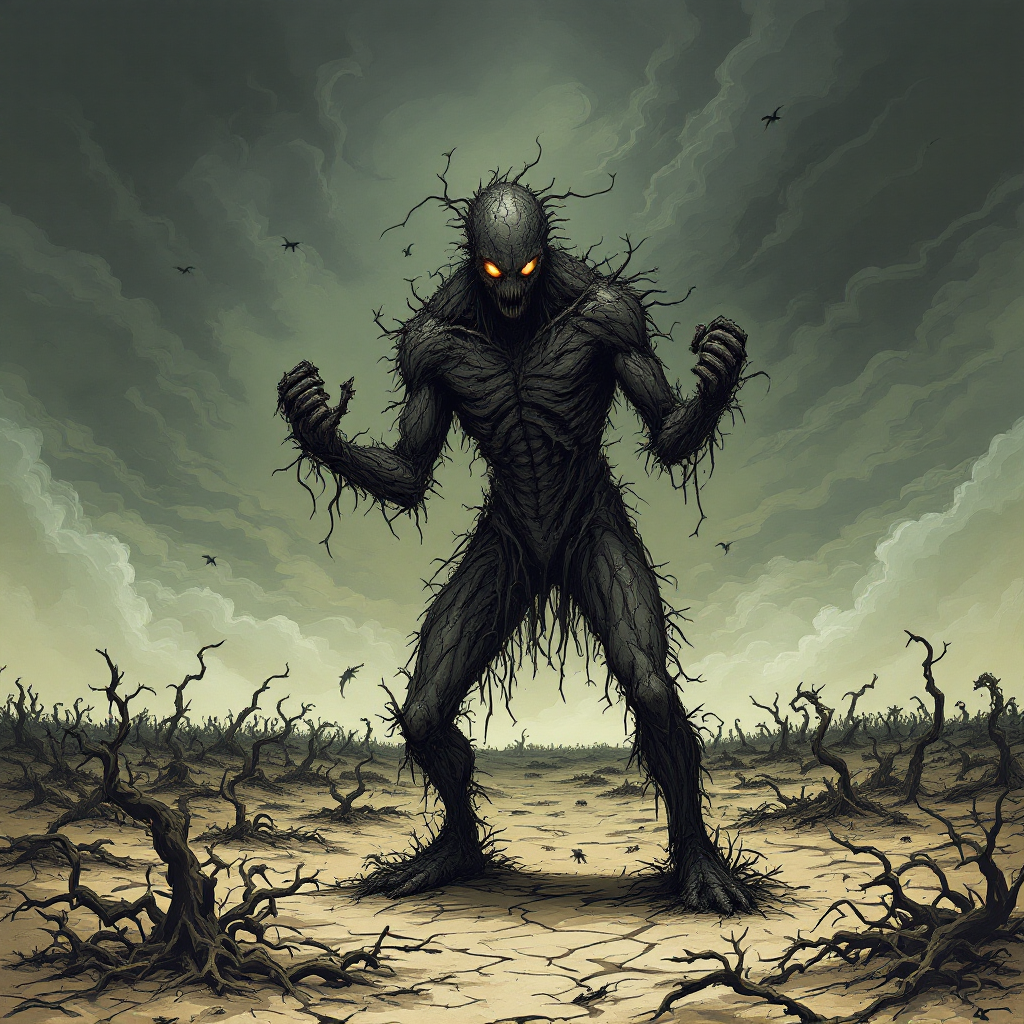 A dark, humanoid figure with glowing orange eyes stands amidst a desolate landscape, embodying the quote about humanity's proximity to savagery. Twisted branches cover its form, enhancing the eerie atmosphere.