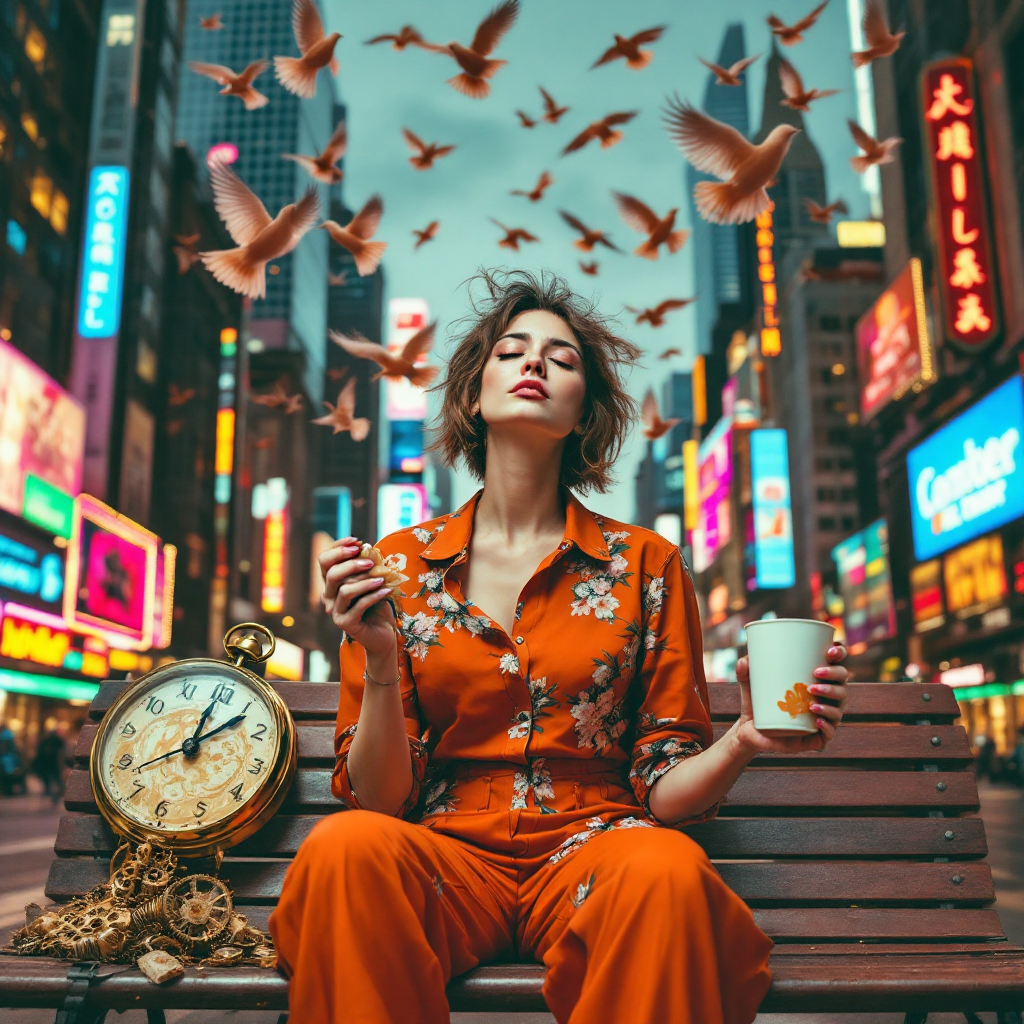 A woman in an orange outfit sits on a bench amidst a bustling city, holding a cup and surrounded by flying birds, with a vintage clock at her side, capturing a sense of chaos and confusion.