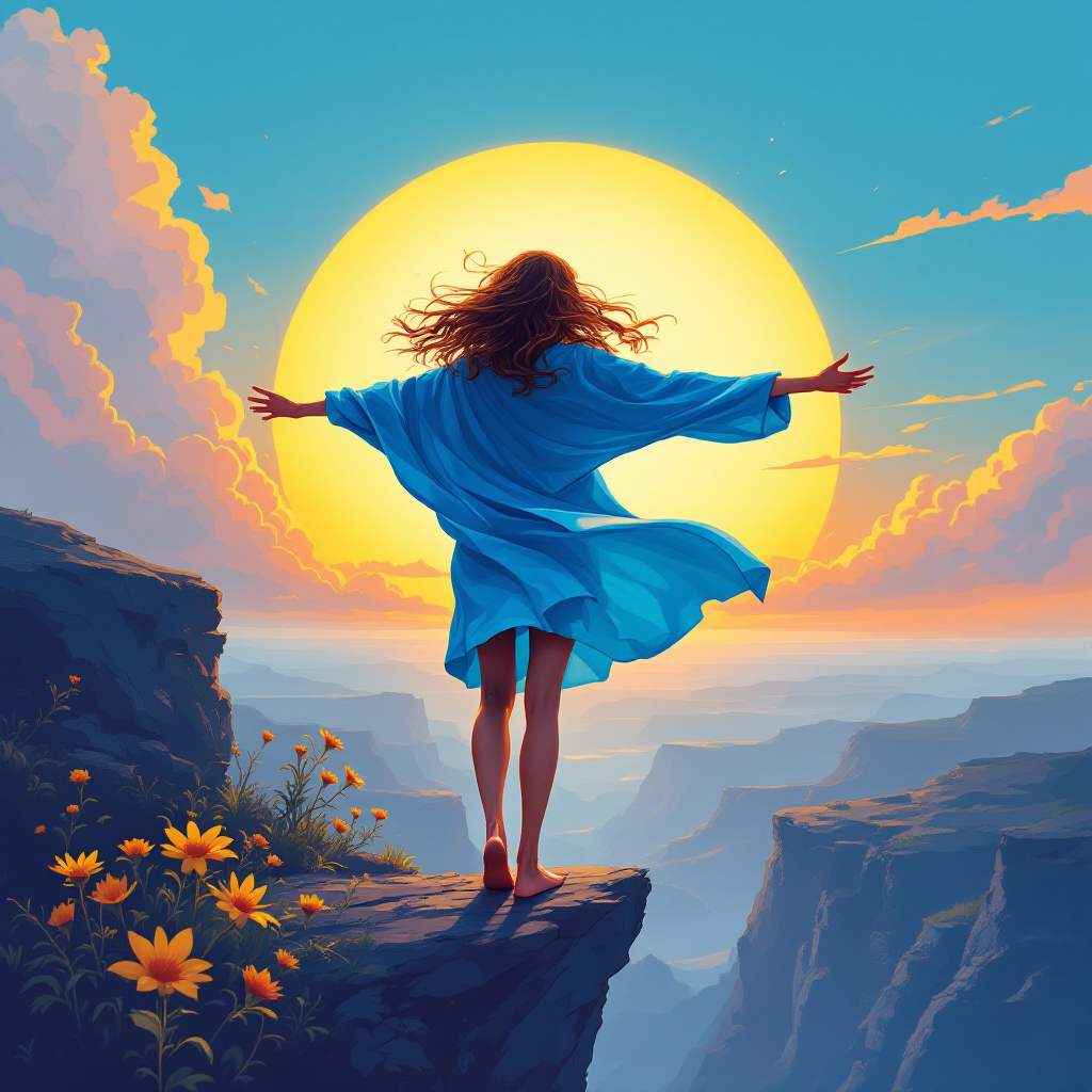 A figure in a flowing blue robe stands on a cliff's edge, arms outstretched toward a vibrant sunset, embodying the quote about the transformative power of bravery.