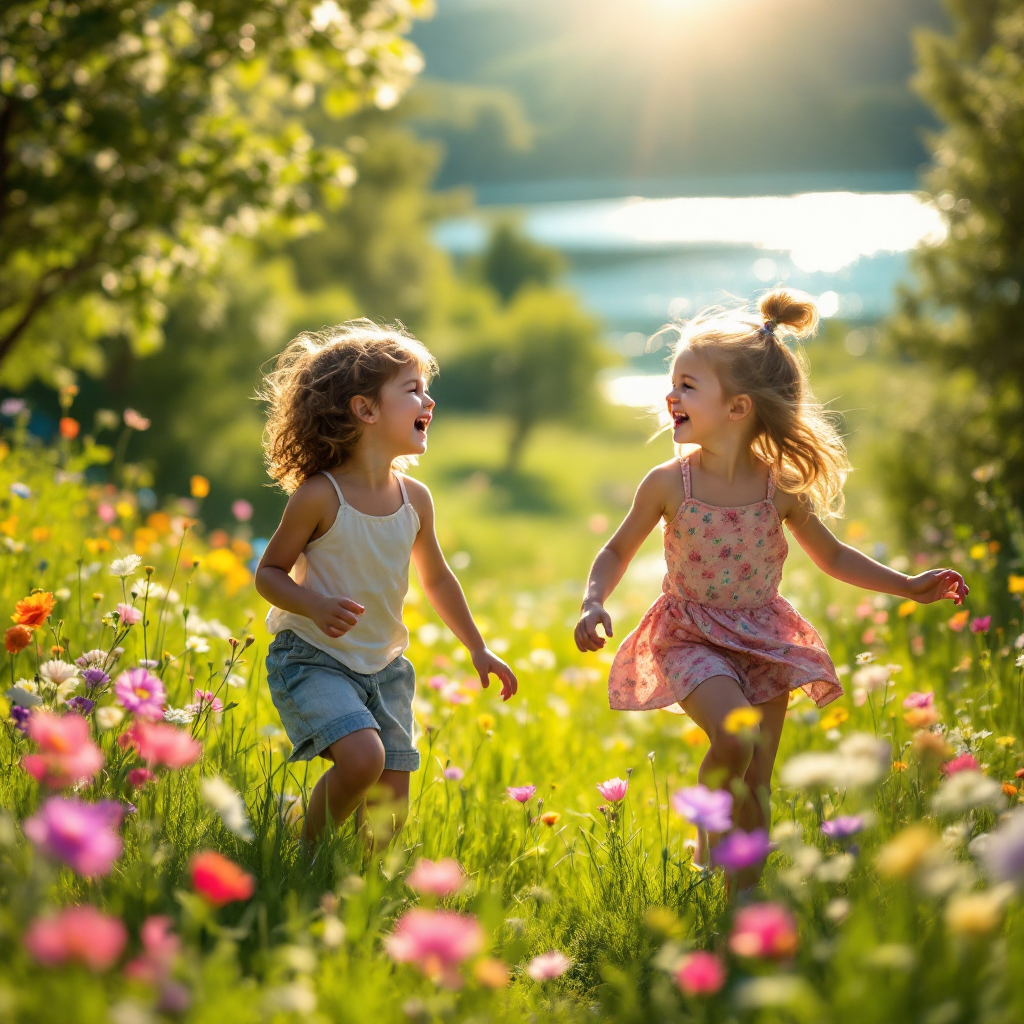 Two joyful children play in a vibrant field of wildflowers, surrounded by lush greenery and bathed in warm sunlight, embodying laughter and the essence of endless summer days.