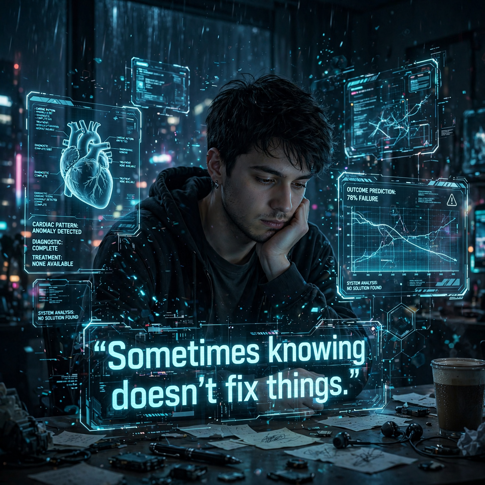 A young man surrounded by futuristic holographic medical data looks pensive, reflecting the quote: Sometimes knowing doesn’t fix things.
