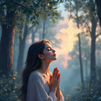 A serene woman prays with clasped hands in a sunlit forest, as a luminous cross shines above her, embodying the quote, Christianity is not a philosophy, but a way of life.