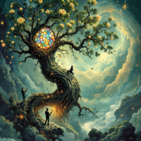 A mystical tree rises from swirling clouds, adorned with glowing flowers and vibrant gemstones. Figures explore its roots, embodying the quote: In a world filled with magic, nothing is ever truly broken.