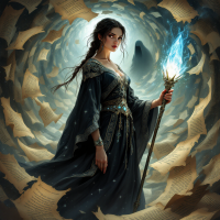 A dark-robed figure stands confidently in a swirling vortex of ancient scrolls, holding a glowing staff that symbolizes the power of knowledge as both weapon and shield.