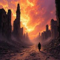 A figure walks alone through a desolate landscape of crumbling ruins, under a dramatic sky filled with vibrant orange and purple hues, capturing the essence of a thoughtful apocalypse.