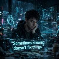 A young man surrounded by futuristic holographic medical data looks pensive, reflecting the quote: Sometimes knowing doesn’t fix things.