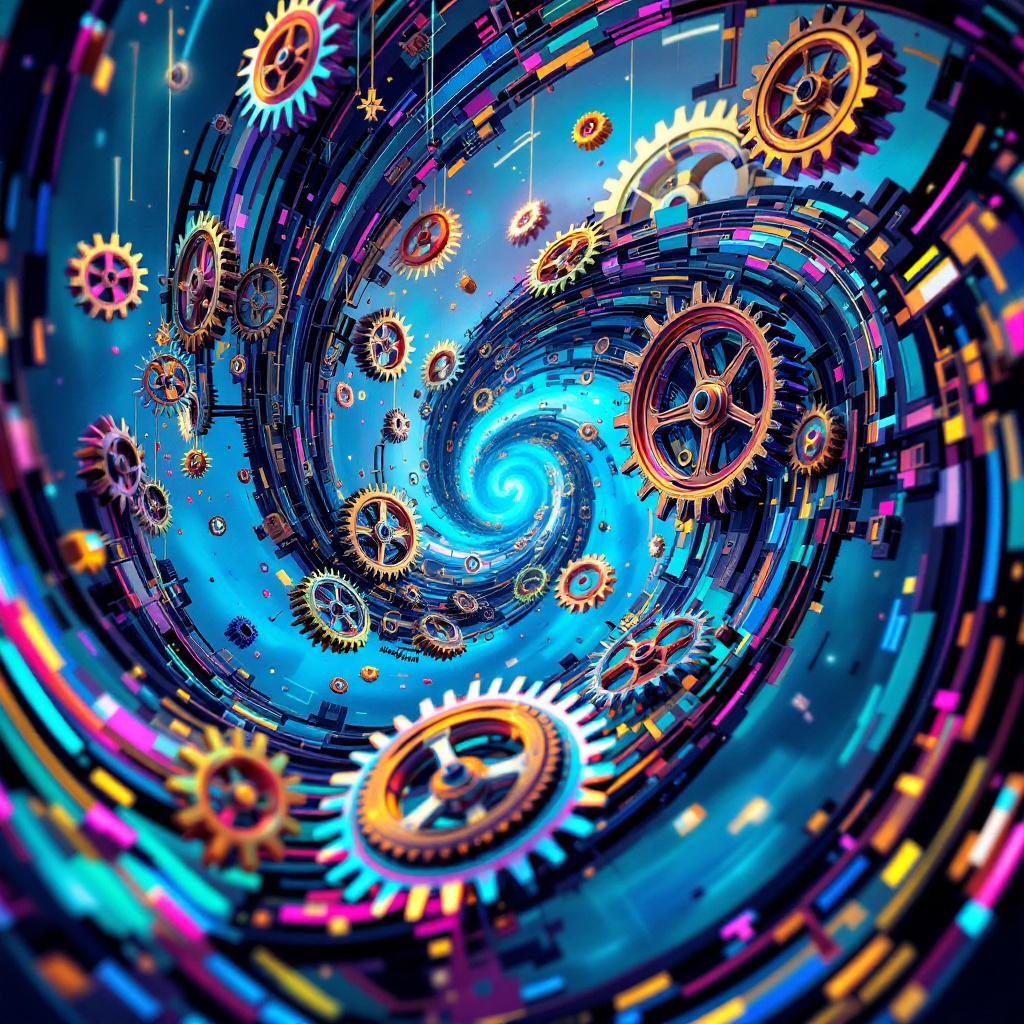 A swirling vortex of vibrant colors and interlocking gears symbolizes the journey of choices, illustrating how each decision influences our path forward.