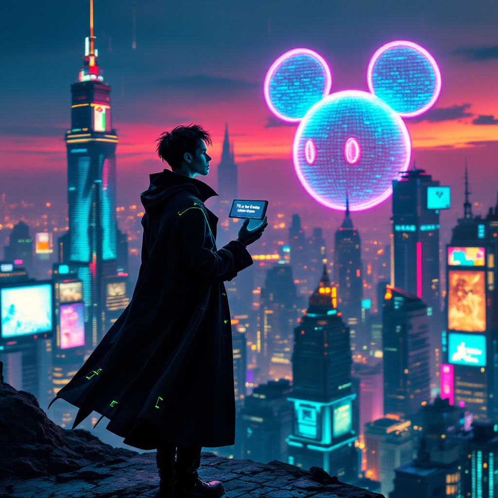 A figure in a futuristic cloak stands on a cliff, gazing at a glowing, oversized Mickey Mouse symbol above a vibrant, neon-lit cityscape, evoking a philosophical contemplation.