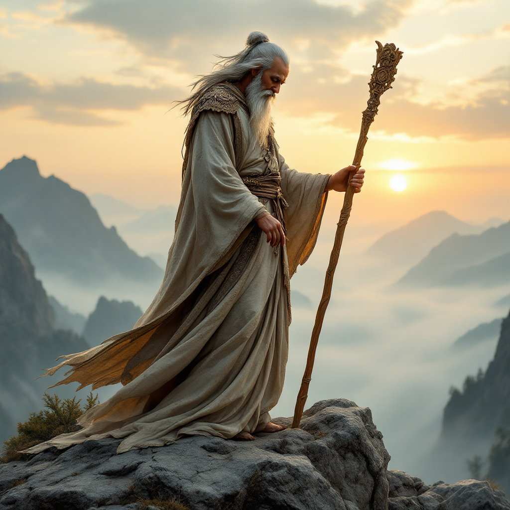 An elderly wise figure stands on a rocky outcrop, staff in hand, gazing over misty mountains at sunset, embodying the idea that true strength lies in understanding.