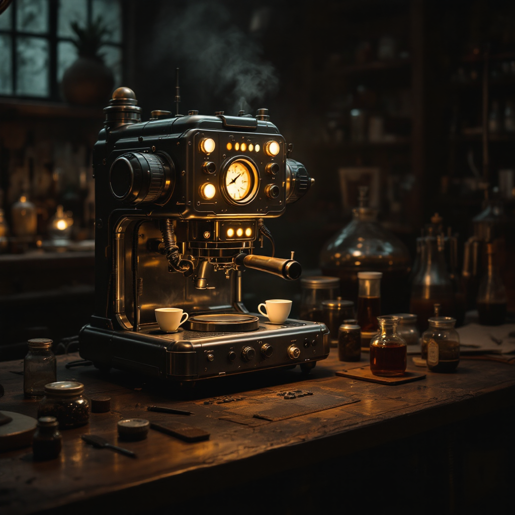 A vintage-style machine with glowing dials and steam billowing creates a whimsical atmosphere, surrounded by jars and cups, suggesting a peculiar brewing process reminiscent of experimental tea.