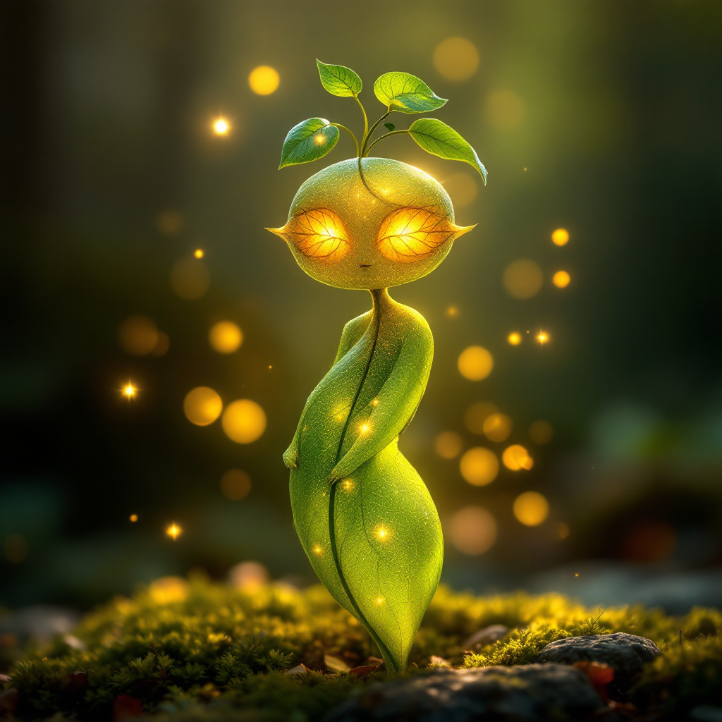 A glowing, green humanoid figure with leaf-like features stands amidst soft moss, embodying the theme of hope shining brightly in moments of despair. Sparkling lights surround it.