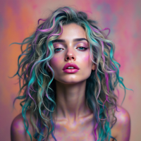 A young woman with vibrant, multi-colored curly hair gazes directly at the viewer. The soft, blurred background features pastel hues, evoking a sense of confusion and intrigue.