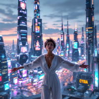 A figure stands with arms outstretched against a vibrant, futuristic cityscape at dusk, embodying the quest for identity and desire in a world filled with towering neon lights.