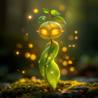 A glowing, green humanoid figure with leaf-like features stands amidst soft moss, embodying the theme of hope shining brightly in moments of despair. Sparkling lights surround it.