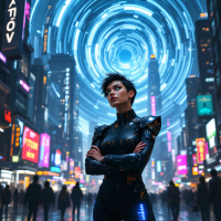 A futuristic figure stands confidently in a vibrant cityscape, surrounded by glowing advertisements and swirling lights, embodying the concept of memory as a powerful currency.