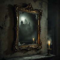 A dimly lit mirror reflects a shadowy castle, surrounded by cracked walls and an extinguished candle, evoking the haunting nature of power as a cruel mistress.