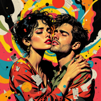 A passionate embrace between a couple, their faces close, surrounded by vibrant swirls of color and abstract shapes, embodying the bittersweet nature of love and longing.