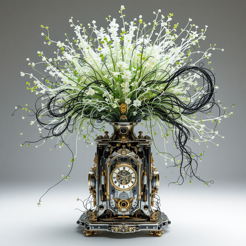 An ornate clock serves as a base for an intricate bouquet of white flowers and green foliage, intertwined with dark, vine-like fibers, evoking a blend of nature and technology.