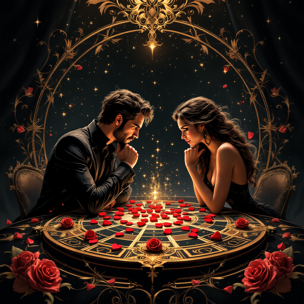 A man and woman play a strategic game at an ornate table surrounded by glowing lights and roses, embodying the quote about love as a ruthless game requiring skill and intention.