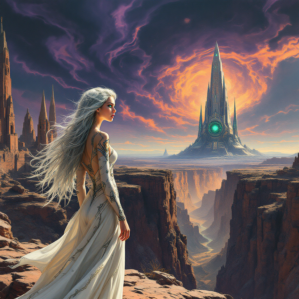 A woman in a flowing white dress stands on a cliff, gazing at a mysterious, glowing tower amidst dark, swirling clouds, embodying the spirit of risk in the pursuit of happiness.