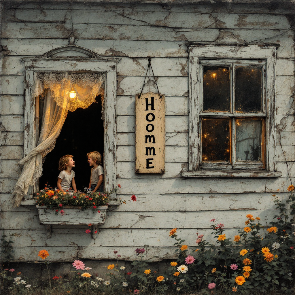 Two children laugh at a window of a charming, weathered house adorned with flowers. Warm light glows from within, embodying joy amidst a serene, nostalgic atmosphere.