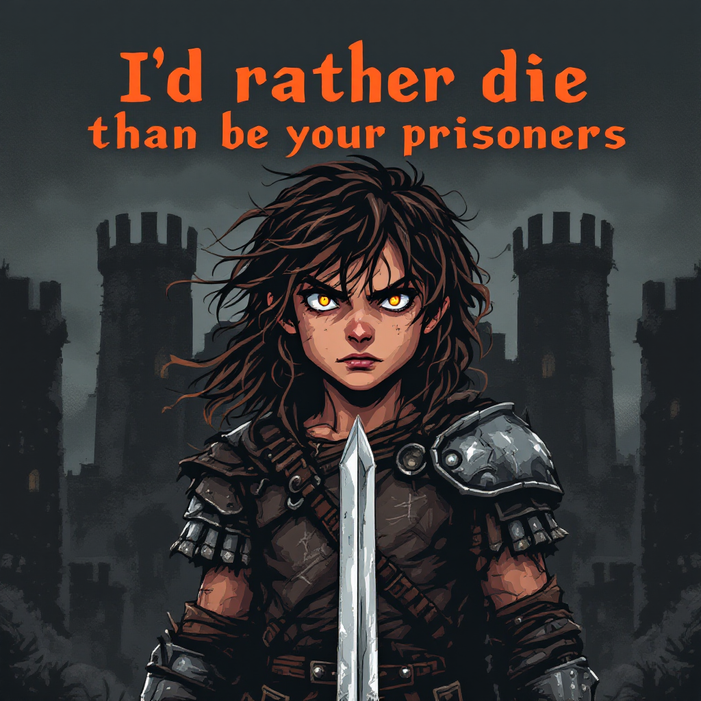 A fierce warrior, clad in armor, holds a sword with determination. Bold text above reads, “I’d rather die than be your prisoners,” set against a backdrop of dark castle towers.