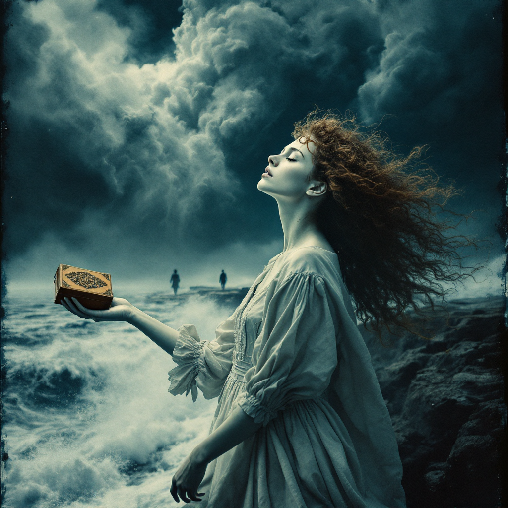 A woman in a flowing dress stands by turbulent waters, holding a book aloft. Dark, swirling clouds loom above, capturing the essence of embracing inner chaos and emotion.