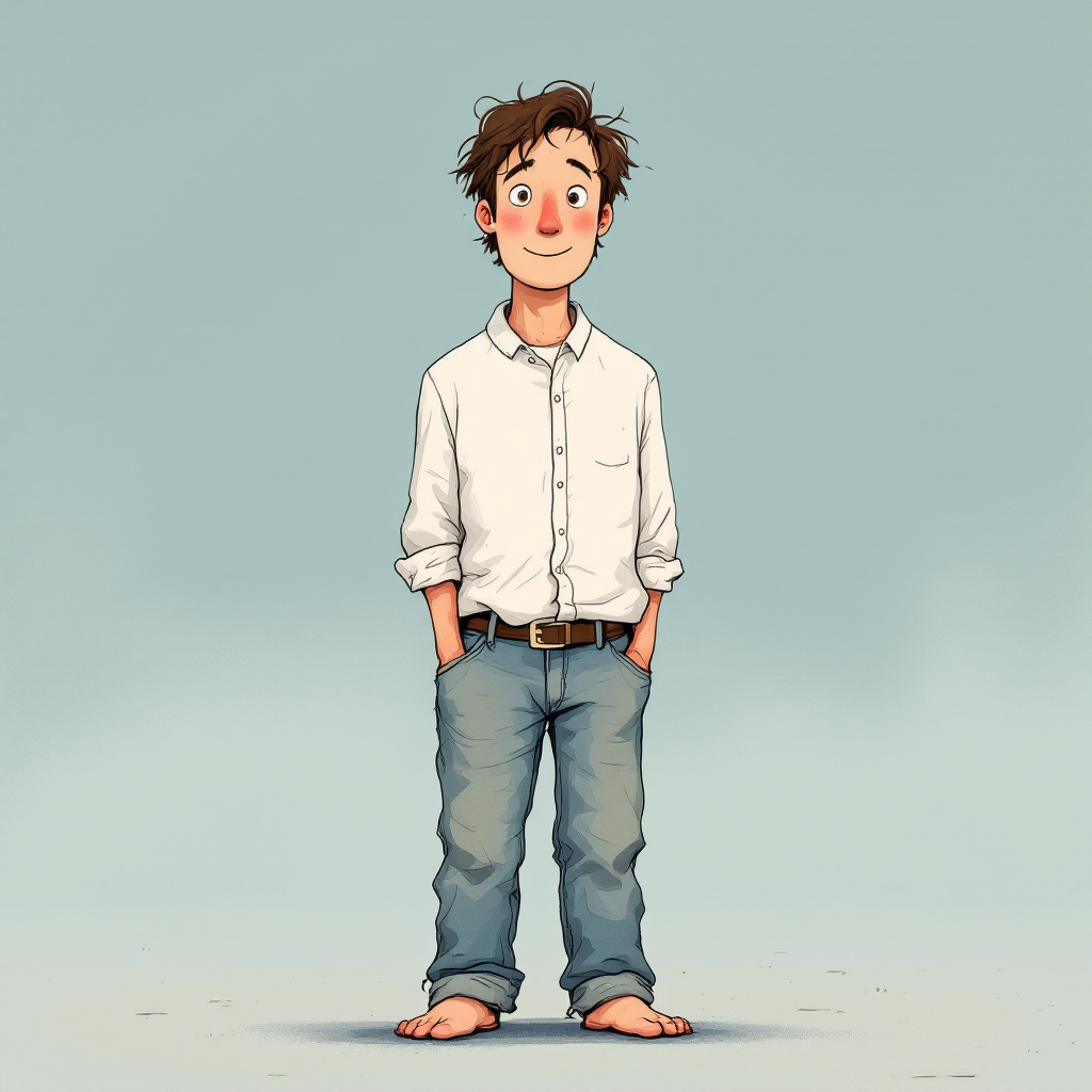 A young man stands barefoot, hands in his pockets, wearing a casual white shirt and jeans, with a warm smile, embodying the idea of being defined by absence.