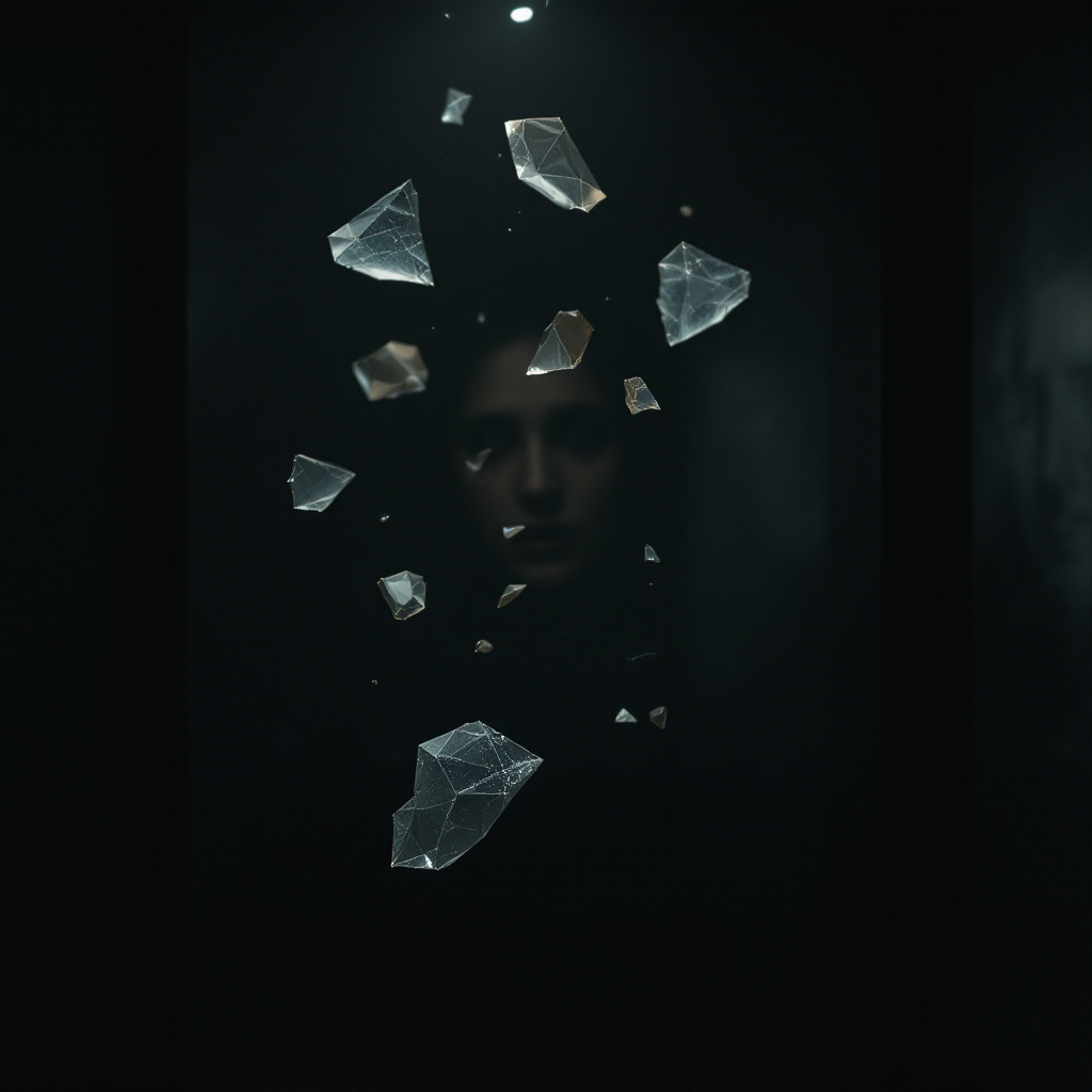 A shadowy figure partially obscured by shattered glass fragments, illustrating the haunting duality of memories as both comforting and terrifying.