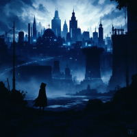 A lone figure in a cloak stands amidst a dark, sprawling cityscape, whispering secrets against a backdrop of towering, shadowy skyscrapers under a moody blue sky.