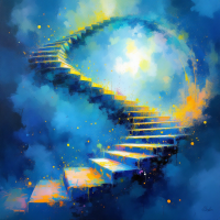 An abstract painting of a spiraling staircase emerging from vibrant blue and yellow hues, symbolizing the idea that chaos is a ladder, not a pit.