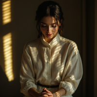 A contemplative woman in soft, warm light, gently clasping her hands together, embodies patience and introspection, surrounded by the play of shadow and light.