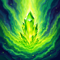 A vibrant green crystal rises from swirling waves of energy, symbolizing unity emerging from chaos, illuminated by a radiant light that highlights its sharp facets.