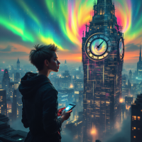 A person stands before a futuristic cityscape, gazing at a towering clock tower illuminated by vibrant northern lights, symbolizing the impact of present choices shaped by the past.