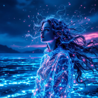 A woman stands by a luminous, shimmering ocean, her hair flowing and glowing with vibrant light against a dramatic twilight sky, embodying the essence of diving into life's depths.