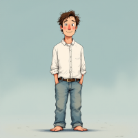 A young man stands barefoot, hands in his pockets, wearing a casual white shirt and jeans, with a warm smile, embodying the idea of being defined by absence.