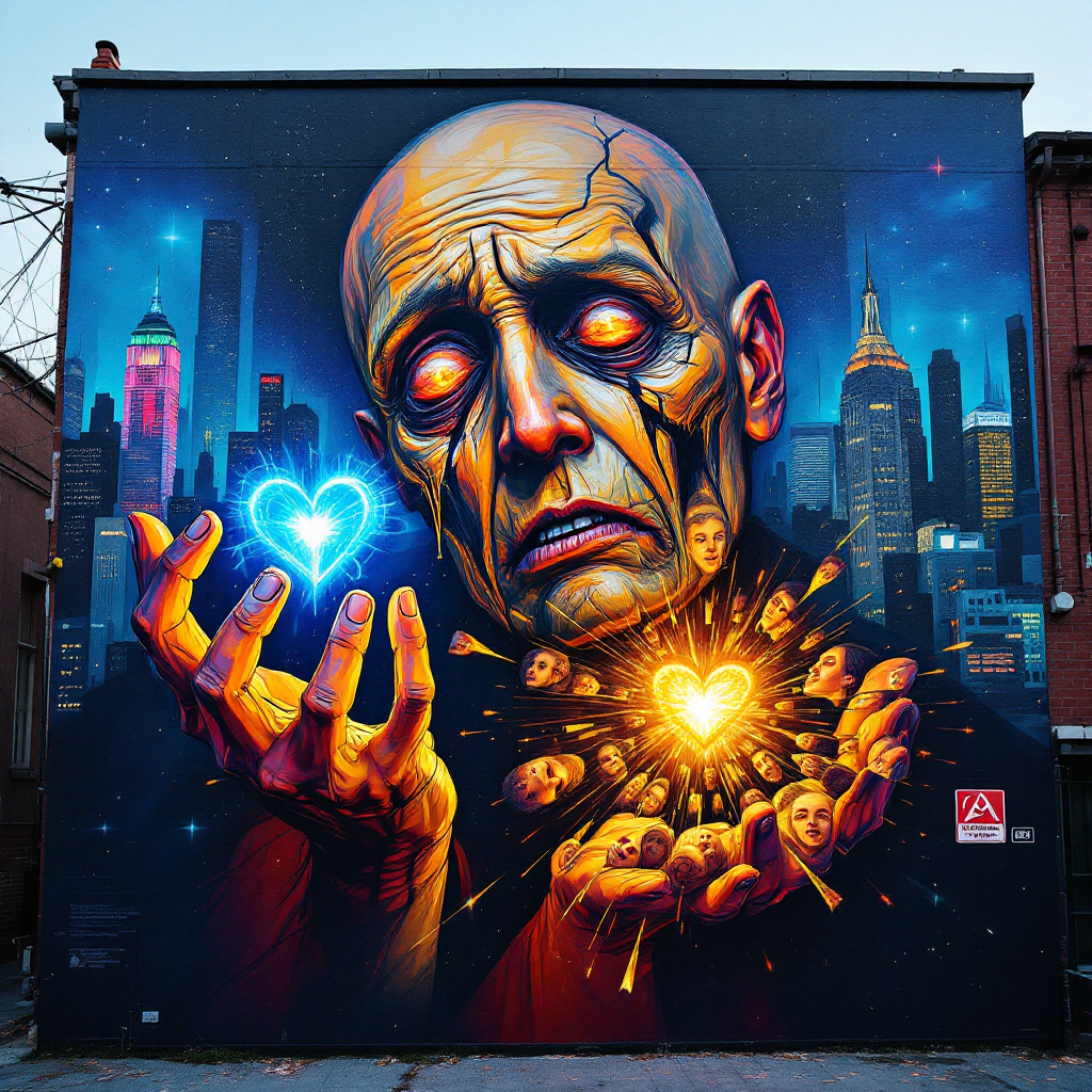 A vibrant mural depicts a solemn figure holding glowing symbols of love and chaos, representing humanity's dual capacity for fear and love against a cityscape backdrop.