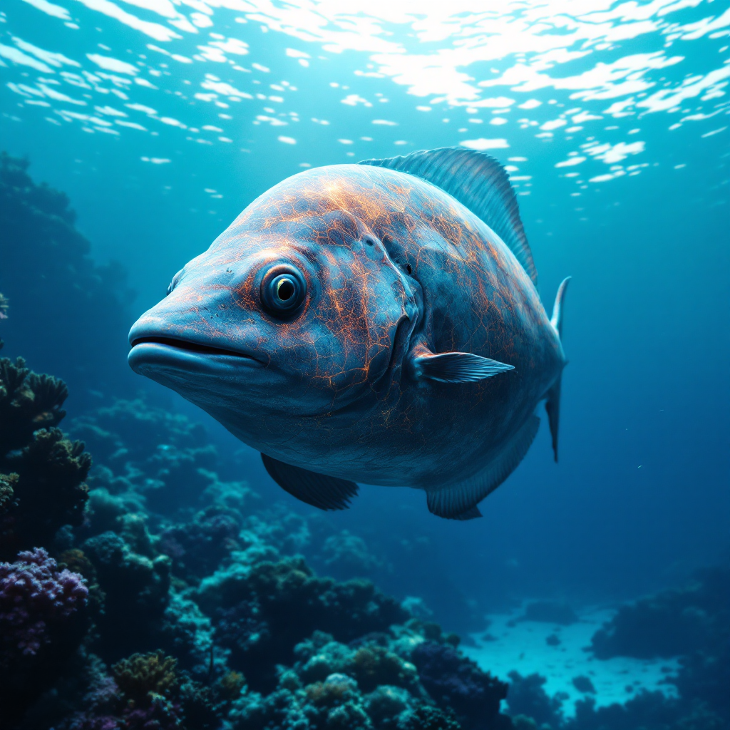 A close-up of a vibrant fish swimming gracefully through clear blue water, surrounded by colorful coral, capturing the essence of the quote, So long, and thanks for all the fish.