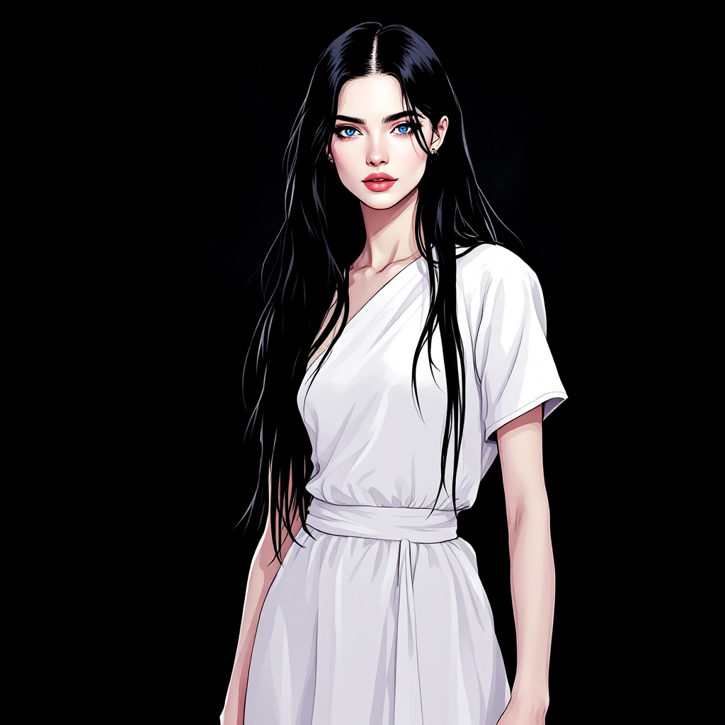 A young woman with long black hair and striking blue eyes stands confidently in a white outfit against a dark background, embodying the spirit of I volunteer as tribute!