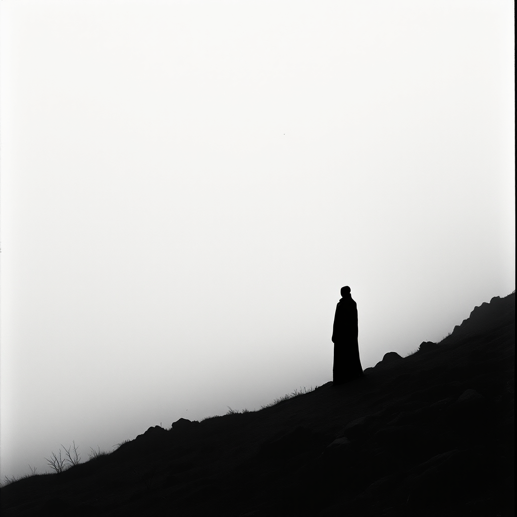 A silhouetted figure stands on a misty hillside, embodying the duality of hero and villain, reflecting the quote, Every story has its monster.