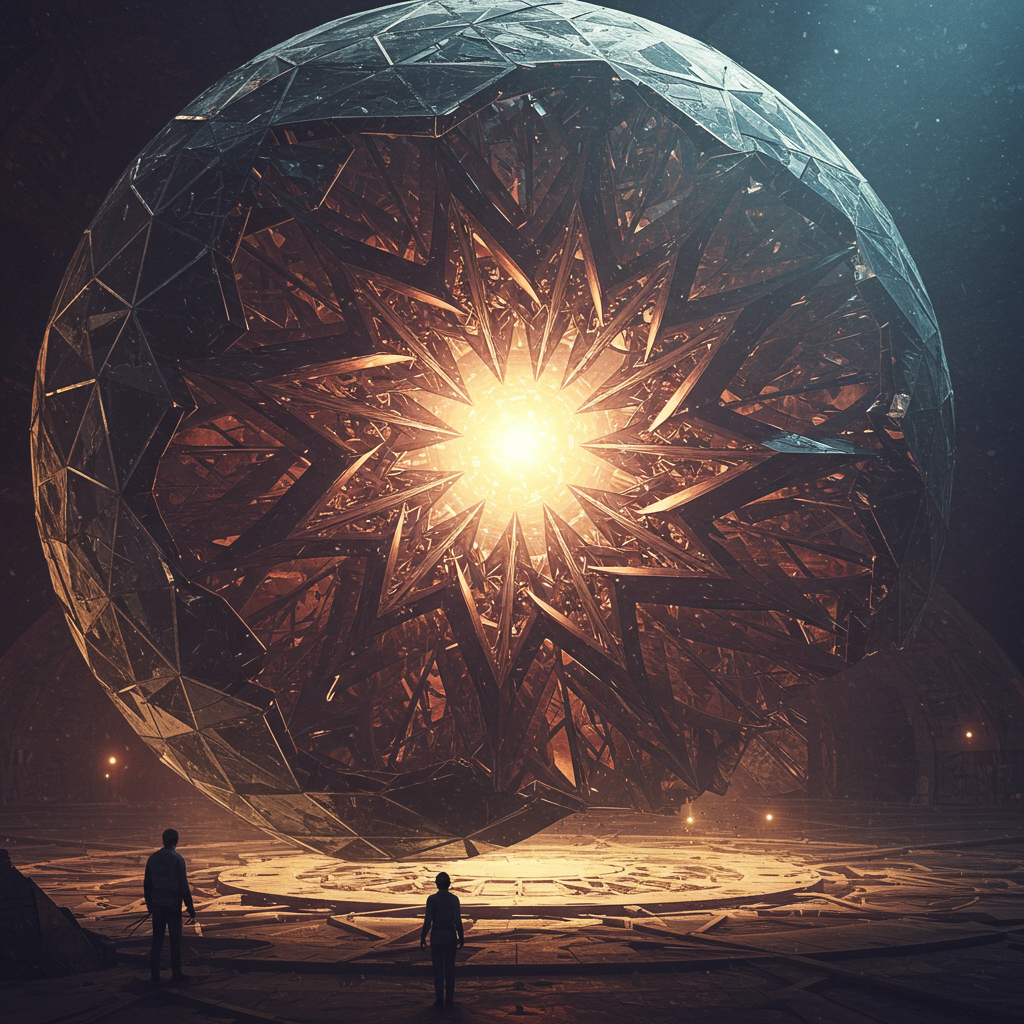 A glowing hyperspherical shell retracts, revealing a rapidly spinning blizzard of four-dimensional metallic edges as two figures observe a higher-dimensional tunnel emerging.