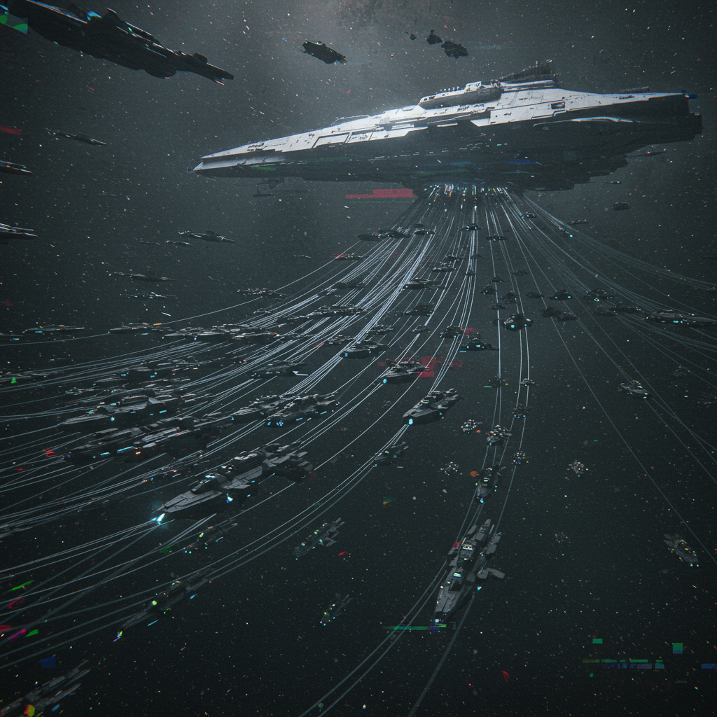 A massive mothership leads a fleet of 500 smaller crewed craft, all connected by fine, glowing holeworm threads stretching through space.